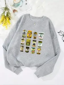 Women's Sporty Casual Long Sleeve Round Neck Pullover, Various Vegetable Can Print, Fall & Winter Fashion Top, Fitted Daily Wear