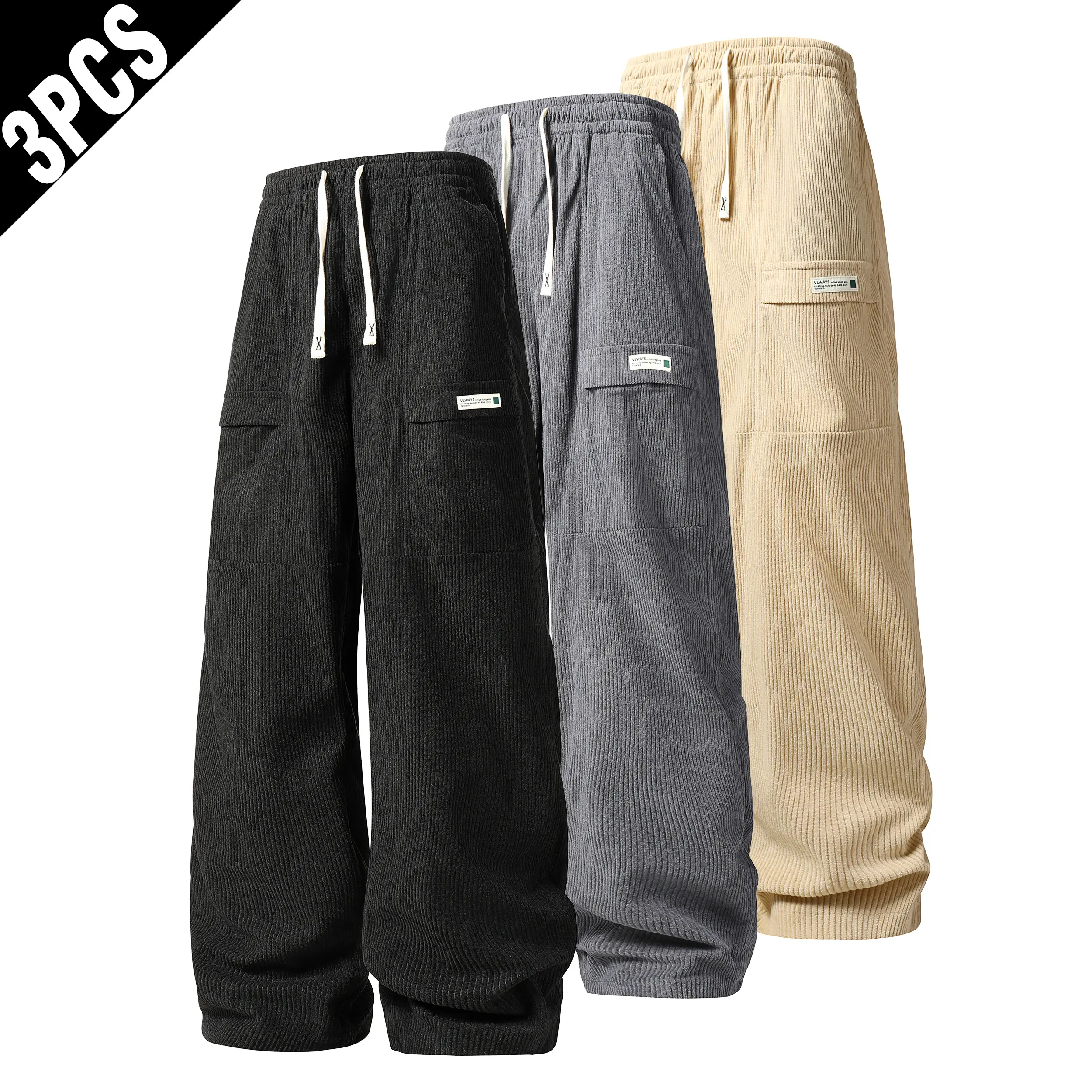 3 Pack Mens Corduroy Cargo Wide Leg Pants, Loose Baggy Drawstring Elastic Waist Trousers, Vintage Streetwear Cord Pants with Patch Pockets
