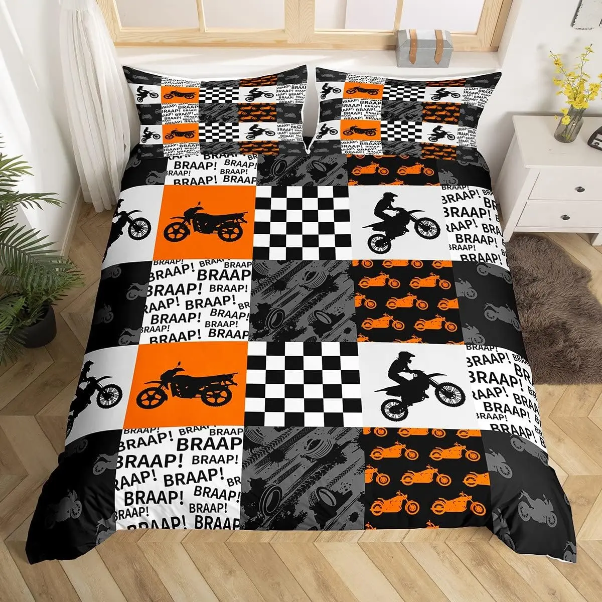 Dirt Bike Duvet Cover Racing Motorcross Rider Bedding Set Black Grey Orange Plaid Patchwork Comforter Cover Men Room Decor Fashion Modern Quilt Cover