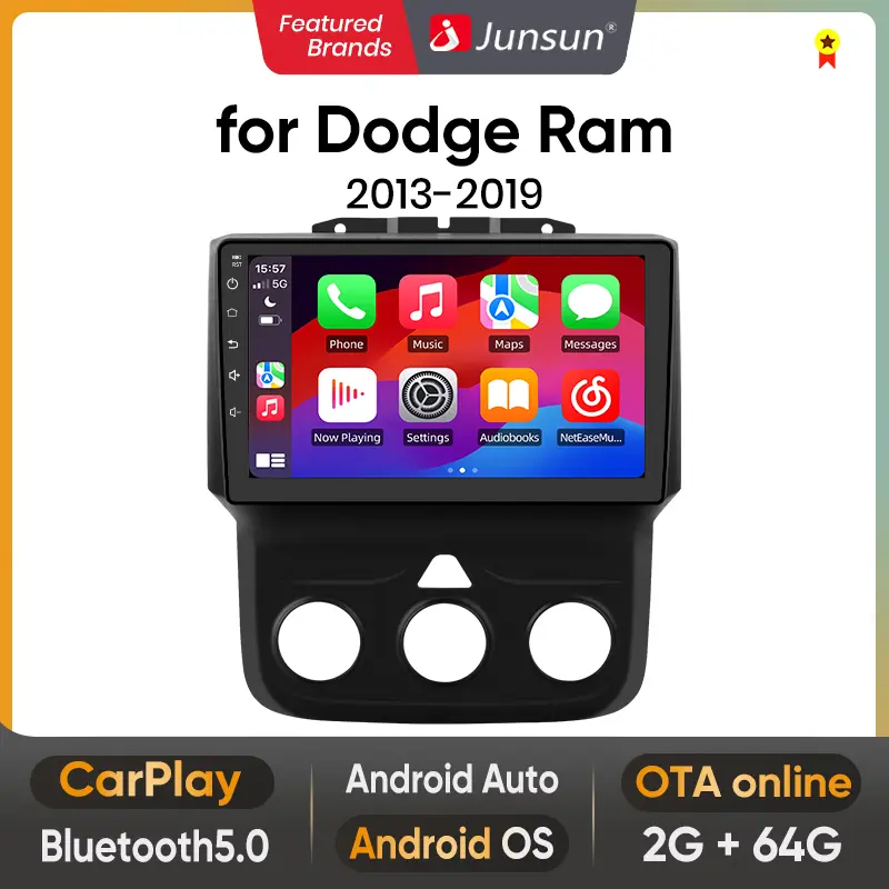 Junsun 9-Inch Car Radio Head Unit for Dodge Ram 2013-2018, Android Auto Ready Car Audio with Touchscreen, Wireless CarPlay, Auto GPS Navigation, 2G RAM 64G ROM, WiFi, Bluetooth, DSP Sound Boost, Plug-and-Play Multimedia Video Player