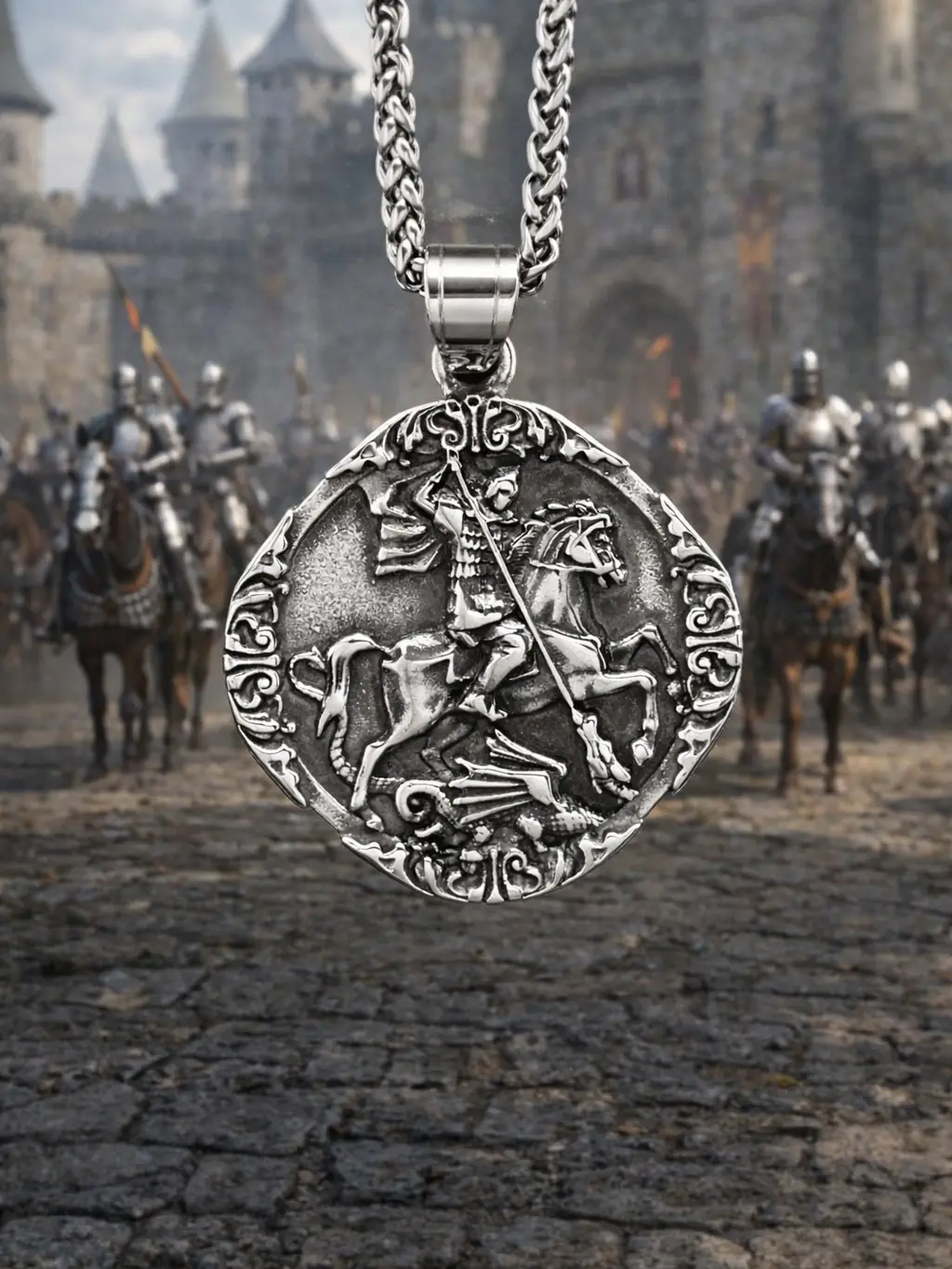 The Armored Kingdom Saint George Dragon Slayer Necklace - Zinc Alloy Medieval Medallion, Unisex Adjustable Long Chain Link, Dragon Inspired, Fantasy Style, Metal Construction, Warrior Armor Necklaces for Cosplay & Daily Wear, Dragon Inspired Necklaces