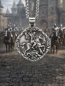 The Armored Kingdom Saint George Dragon Slayer Necklace - Zinc Alloy Medieval Medallion, Unisex Chain Link Necklaces, Long Adjustable Chain, for Cosplay & Daily Wear