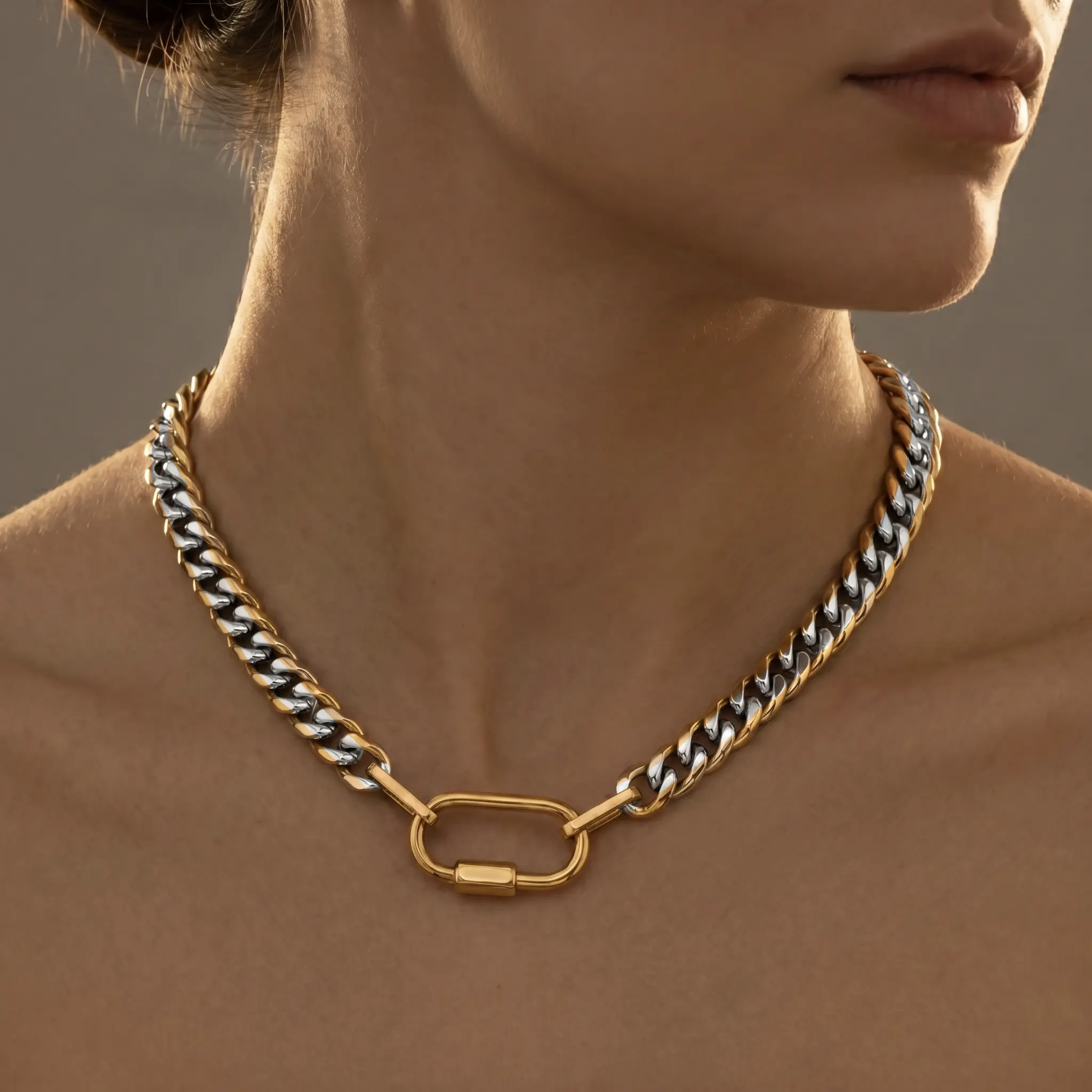 2-Tone Miami Cuban Chain Necklace for Men & Women - 18K Gold Plated Titanium Steel Carabiner Pendant, Hip-Hop Heavy Statement Jewelry Accessory