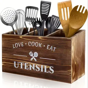 Brown Flatware Rack Rustic Flatware Box with 3 Compartments for Kitchen Counter, Farmhouse Wooden Flatware Utensil Organiser for Silverware Forks Spoons Spatulas