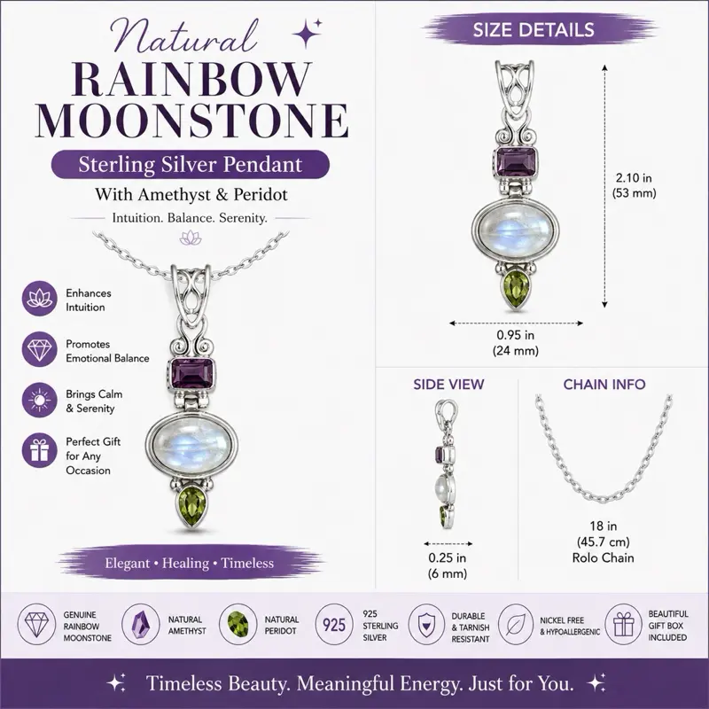 Natural Rainbow Moonstone Pendant with Amethyst & Peridot | 925 Sterling Silver