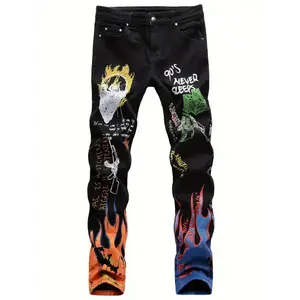 Men's Slim Fit Graffiti Jeans - Vibrant 3D Print Streetwear, Stretch Denim with Flame and Skull Designs, Hip-Hop Punk Style, Black with Colorful Accents, Low Rise Jeans