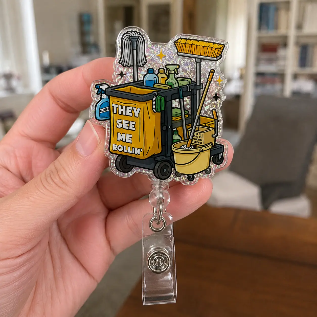 Badge Reels for Housekeepers, They See Me Rollin Funny Janitor Cart Acrylic ID Holder, Retractable Clip EVS Custodian Gift