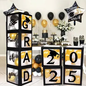 Black Balloon Boxes with 2025, Grad, and So Proud of You Letters – Includes 20 Balloons for Graduation Party Decorations and Celebration Display