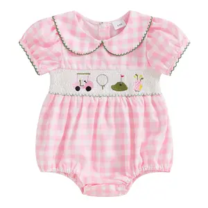 Baby Girl Cute Golf Plaid Smocked Romper Bodysuit Short Sleeve Peter Pan Collar  Jumpsuit Playsuit Newborn Coming Home Outfit #Springtok