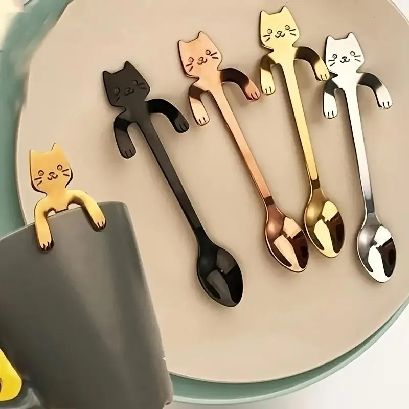 Cute Cat Design Coffee Spoon, Stainless Steel Tea Spoon, Dessert Spoon, Kitchen Utensils for Home Use, Spoons Set, Kitchenware