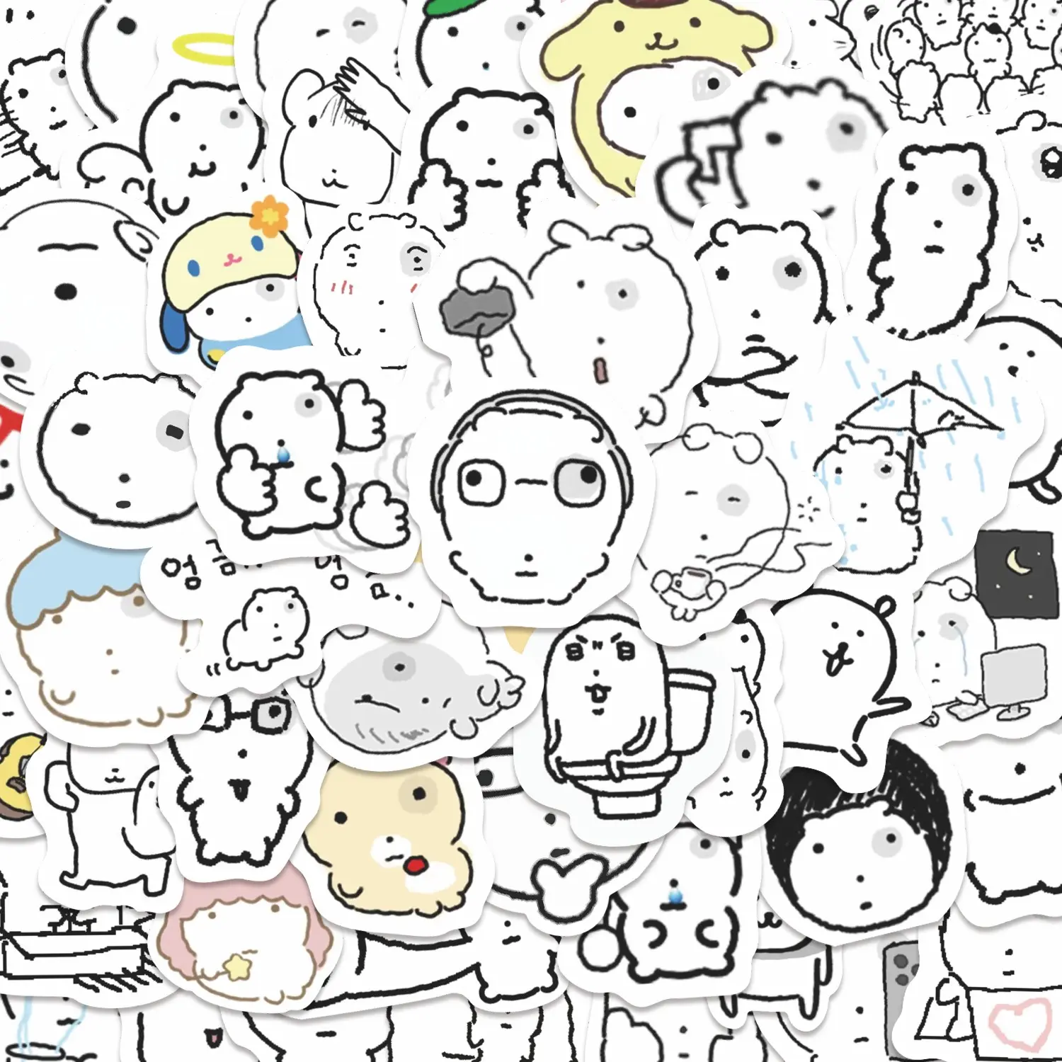 70pcs Joke Bear & Sanrio Minimalist Doodle Stickers Pack, Diy Art Stickers Waterproof Cute Cartoon Decals for Laptop, Water Bottle, Journal & Scrapbook, Doodle Lover Gift, Sticker Sheets
