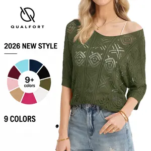 QUALFORT 2026 New Fashion Elegant Minimalist Crochet Off Shoulder Cover Up Sweater, Lightweight Hollow Out Loose Knit Pullover, Casual Beach & Daily Wear, Womenswear