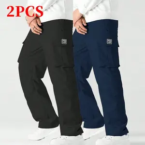 2 Pack Men's Outdoor Cargo Pants, Lightweight Breathable Straight Leg Casual Pants, Multi-Pocket Drawstring Waist Sweatpants for Running, Hiking & Daily Activities