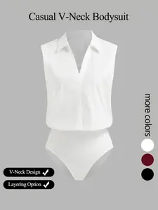 Women's Casual Loose V-Neck Sleeveless Shirt Jumpsuit, Elegant Woven Fabric, Slim Fit, Perfect for Daily Wear