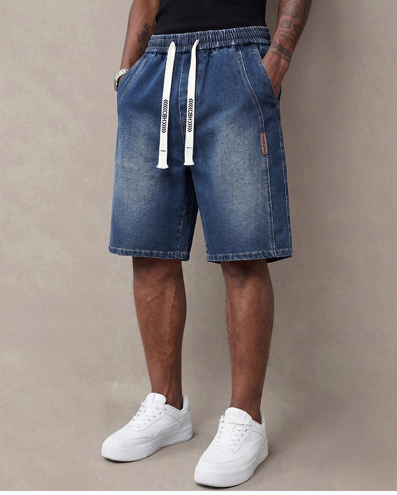 Men&rsquo;s summer lightweight denim shorts &mdash; trendy short men&rsquo;s pants, loose stretch mid-thigh denim shorts, classic street cotton everyday wear for men, elastic waistband drawstring denim shorts