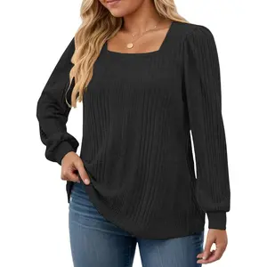 Womens-Plus-Size-Long-Sleeve-Tops Cute Square Neck Lightweight Sweaters Casual Loose Fit Shirts Trendy Blouses Tunics VPS0236