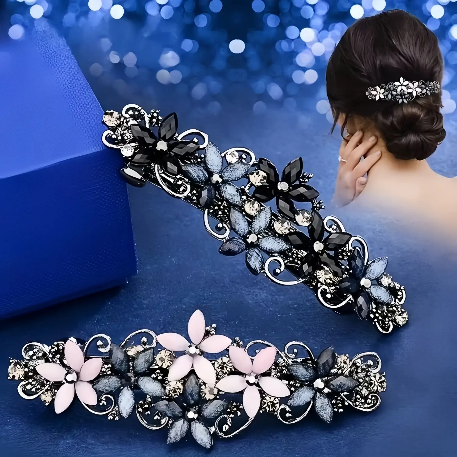 Women's 4-Piece French Retro Geometric Sparkling Crystal Flower Hair Clips - Synthetic Flower Motif, Rhinestone Pearl Barrettes, Elegant Pastel Bow, Wedding Bridal Fashion Accessories