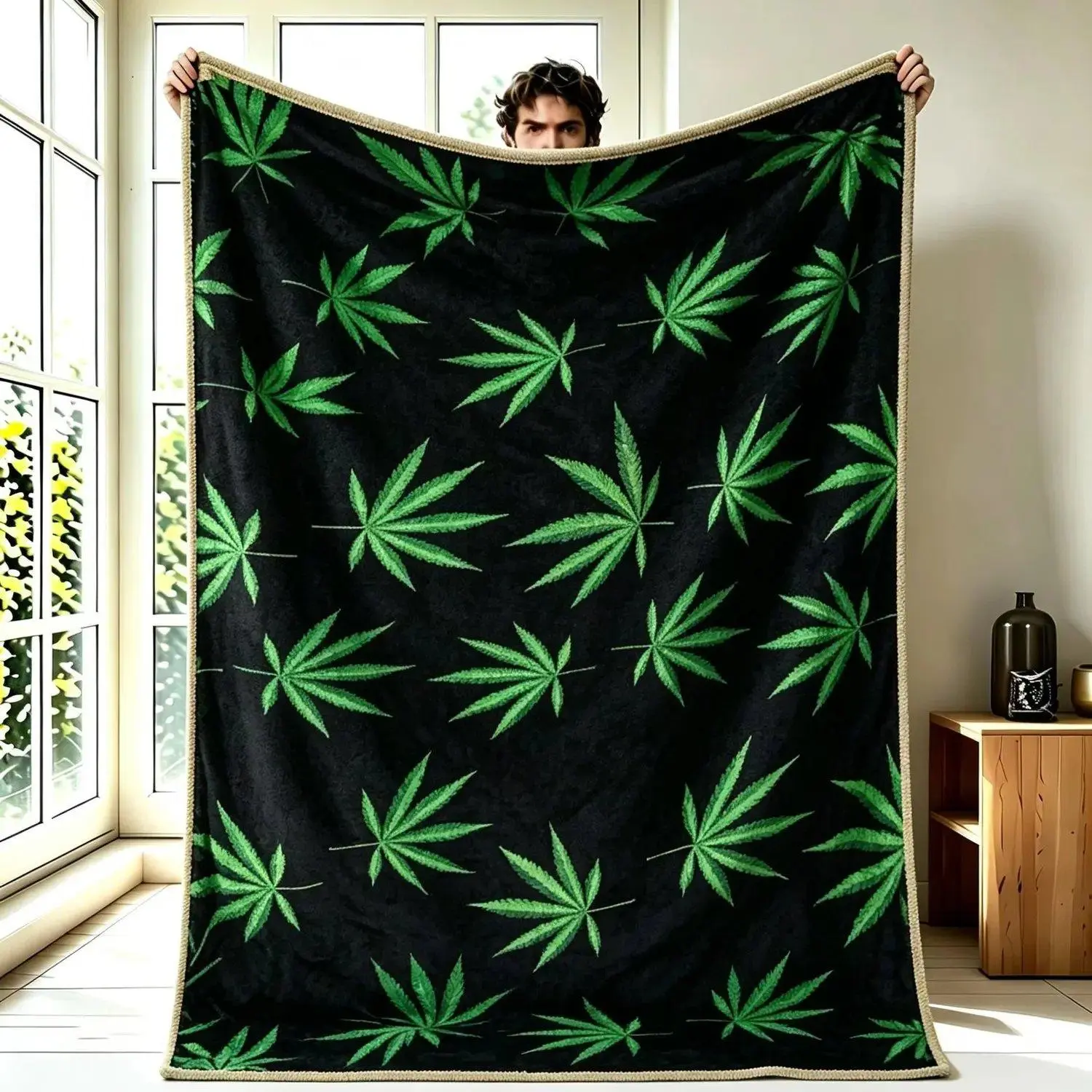 Green Leaf Bed Blanket (1pc) - Lightweight Spring & Summer Bedding, Blankets for Bedroom, Couch Decor for Living Room, Ideal Gift for Valentine's Day