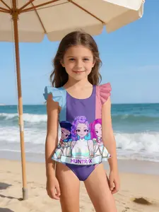 Kids' Beach-Ready One-Piece Swimsuit, Purple Checkerboard Cartoon Print, Breathable & Stylish for Vacation