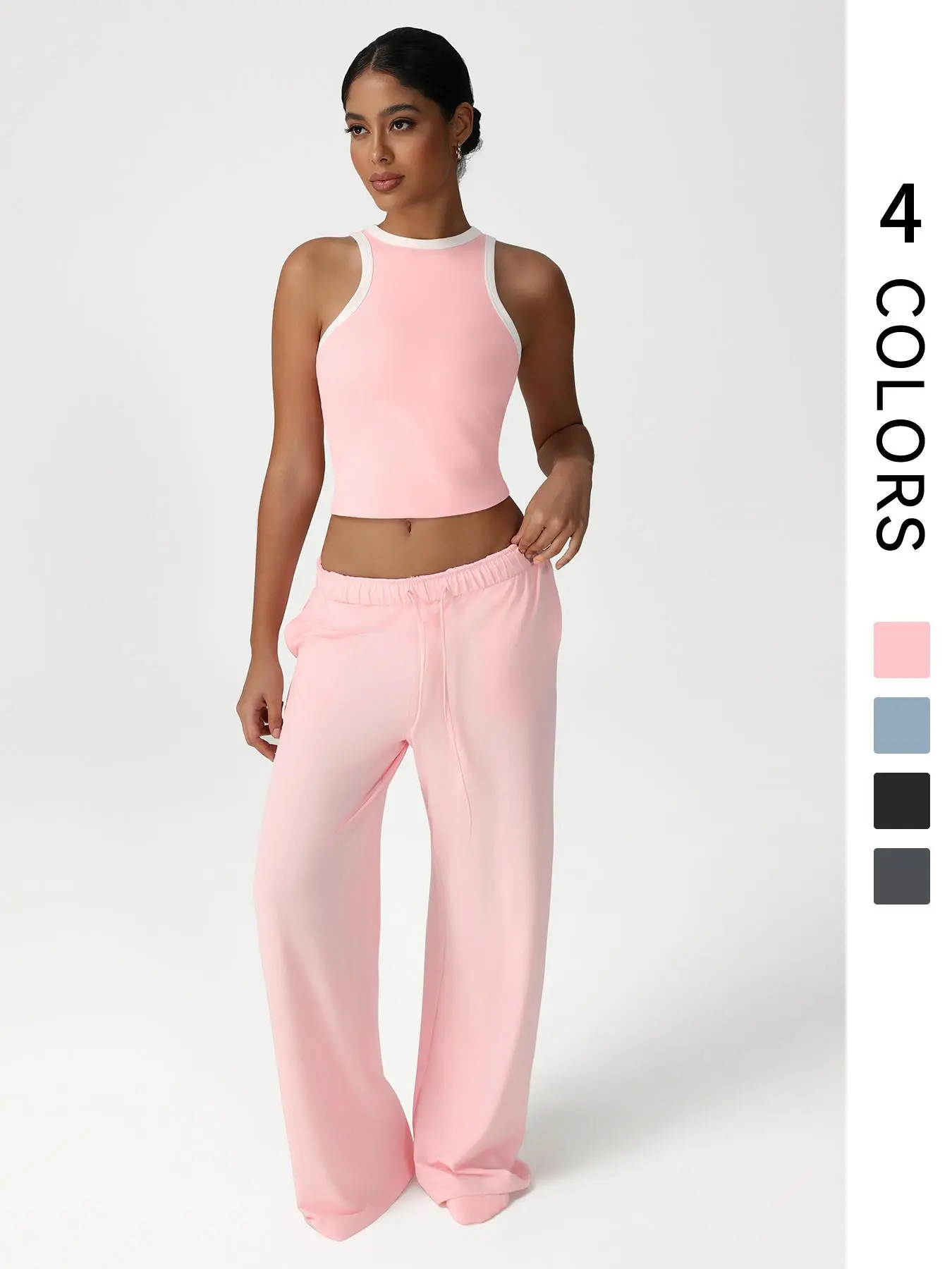 Women's Sporty Sleeveless Crop Top & High-Waisted Joggers Set, Elastic Drawstring Waistband Side Pockets Design, All-Season Wear, Sports Activewear Set, Fitness Sportswear Set