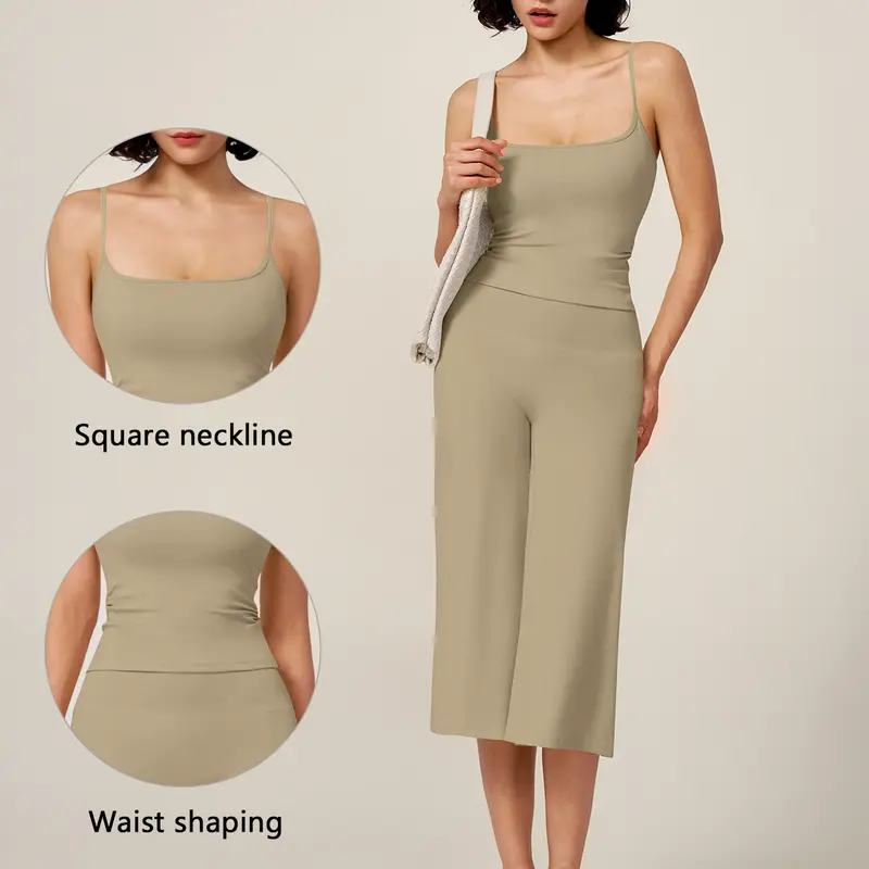 [TIMEOFF] Female Normal Type 2-Piece Athleisure Gym Clothes Set, Women's Square Neck Crop Cami & High-Waist Wide Leg Pants, 4-Way Stretch Polyamid Fabric (78% Polyamide, 22% Elastane), All-Season Athletic Set for Gym & Casual Loungewear, Do Not Dry Clean