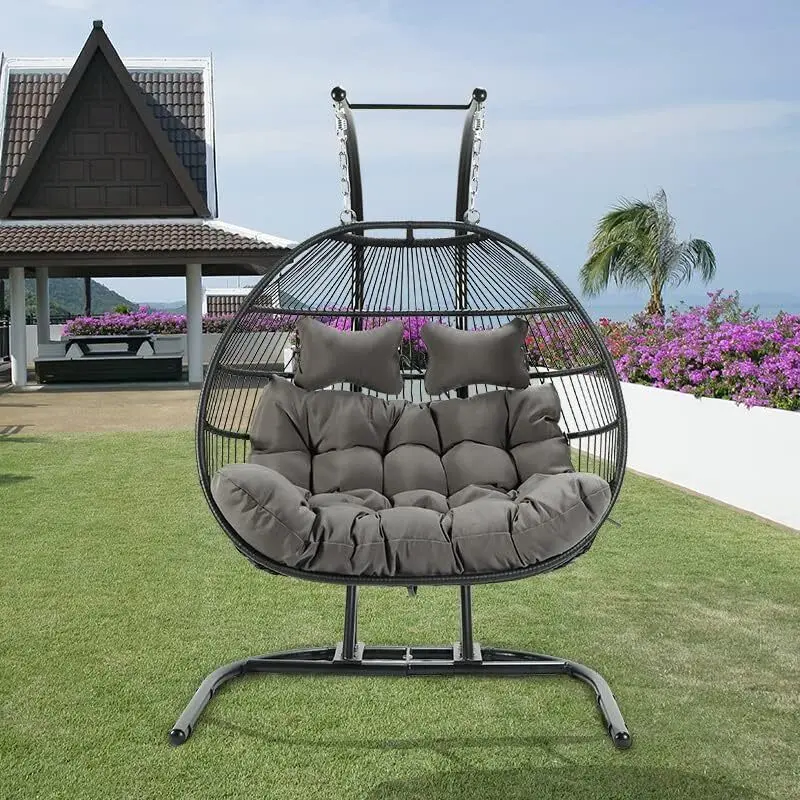 Modern Muse 2 Person Foldable Double Swing Chair, Hanging Wicker Rattan Egg Chair with Stand and Cushion