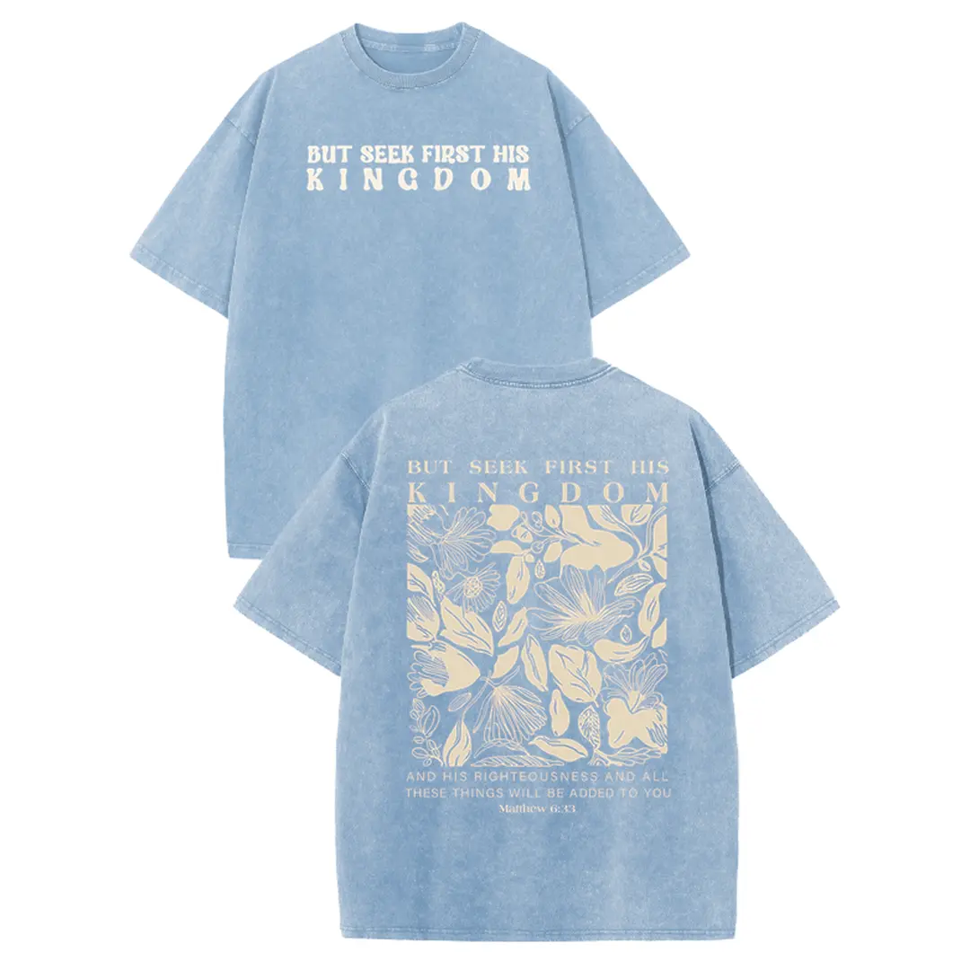 Holafish Vintage "Seek First His Kingdom" Lemon Washed T-Shirt, Retro Matthew 6:33 Floral Christian Graphic Tee, Casual Loose Short Sleeve Top 2026 New Color Scheme summervibes