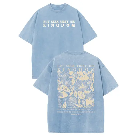Holafish Vintage "Seek First His Kingdom" Lemon Acid Washed T-Shirt Retro Matthew 6:33 Floral Christian Graphic Tee Casual Loose Short Sleeve Top 2026 New Color Scheme Summervibes