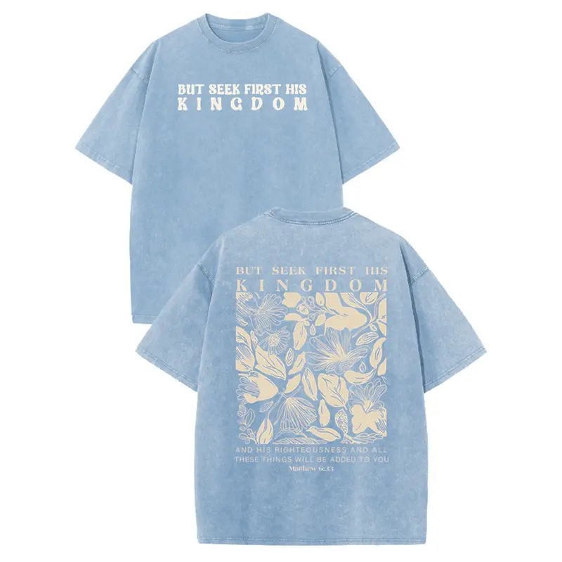 Holafish Vintage "Seek First His Kingdom" Lemon Acid Washed T-Shirt Retro Matthew 6:33 Floral Christian Graphic Tee Casual Loose Short Sleeve Top 2026 New Color Scheme Summervibes