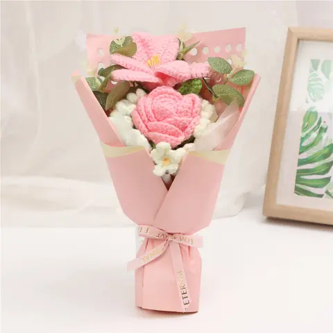 1PC Handmade Crochet Rose & Lily Bouquet, Knitted Yarn Artificial Flowers, Birthday, Graduation Gifts, Valentine's Day, Mother's Day, Father's Day Gifts, Home Decor, Party Decoration, Artificial Plants