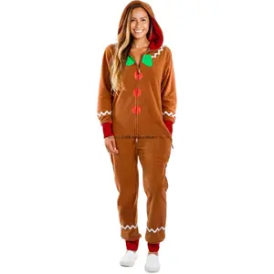 Adult Christmas Cosplay Costume Gingerbread Long Sleeve Zipper Hooded Jumpsuit for Men Women Party Role-playing Cosplay