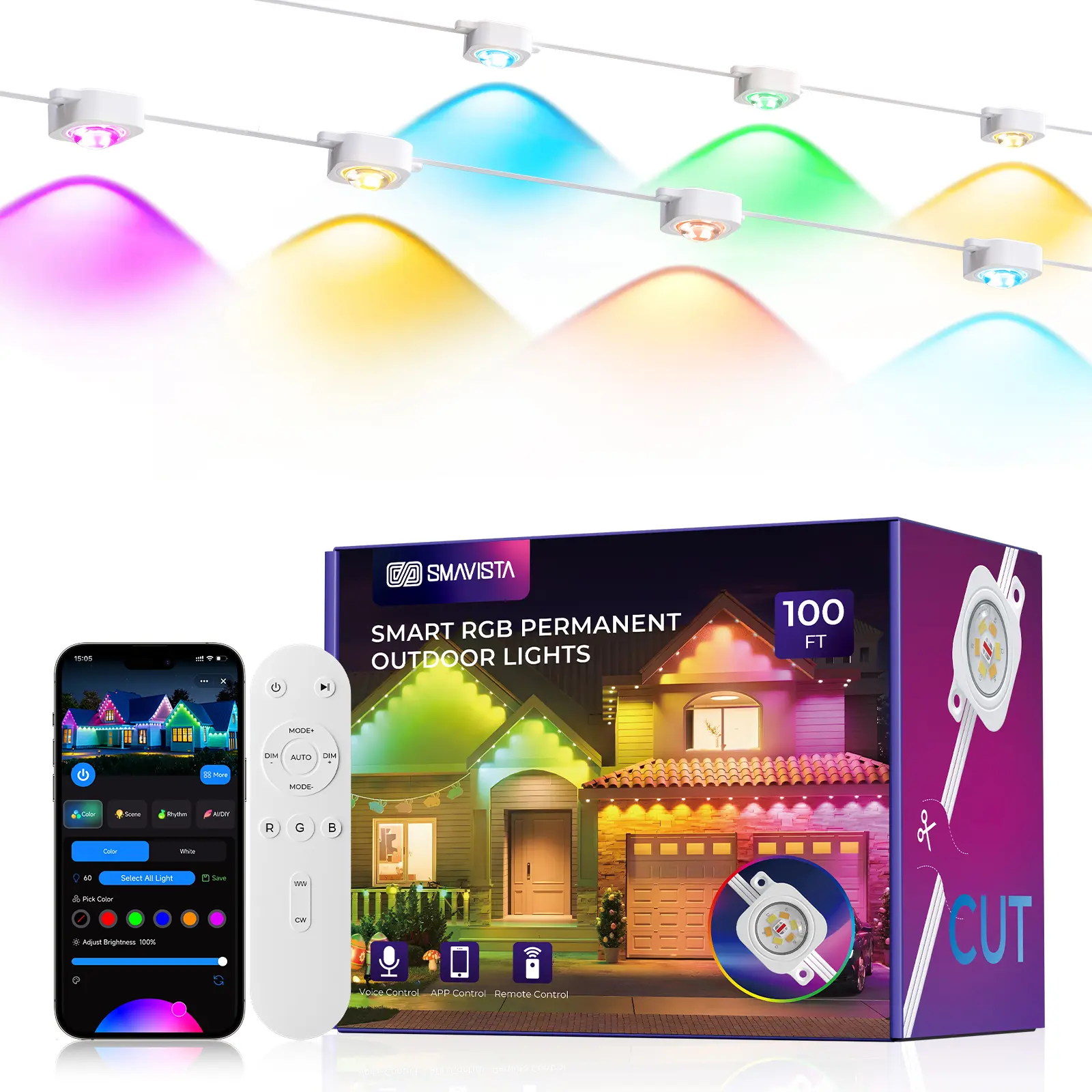Smart Permanent Outdoor Lights Pro,RGB+IC+Warm/Cool White for Daily, 100+ Scene Modes, Waterproof Eaves Light for Halloween Christmas Decor, Works with Alexa, Google Assistant