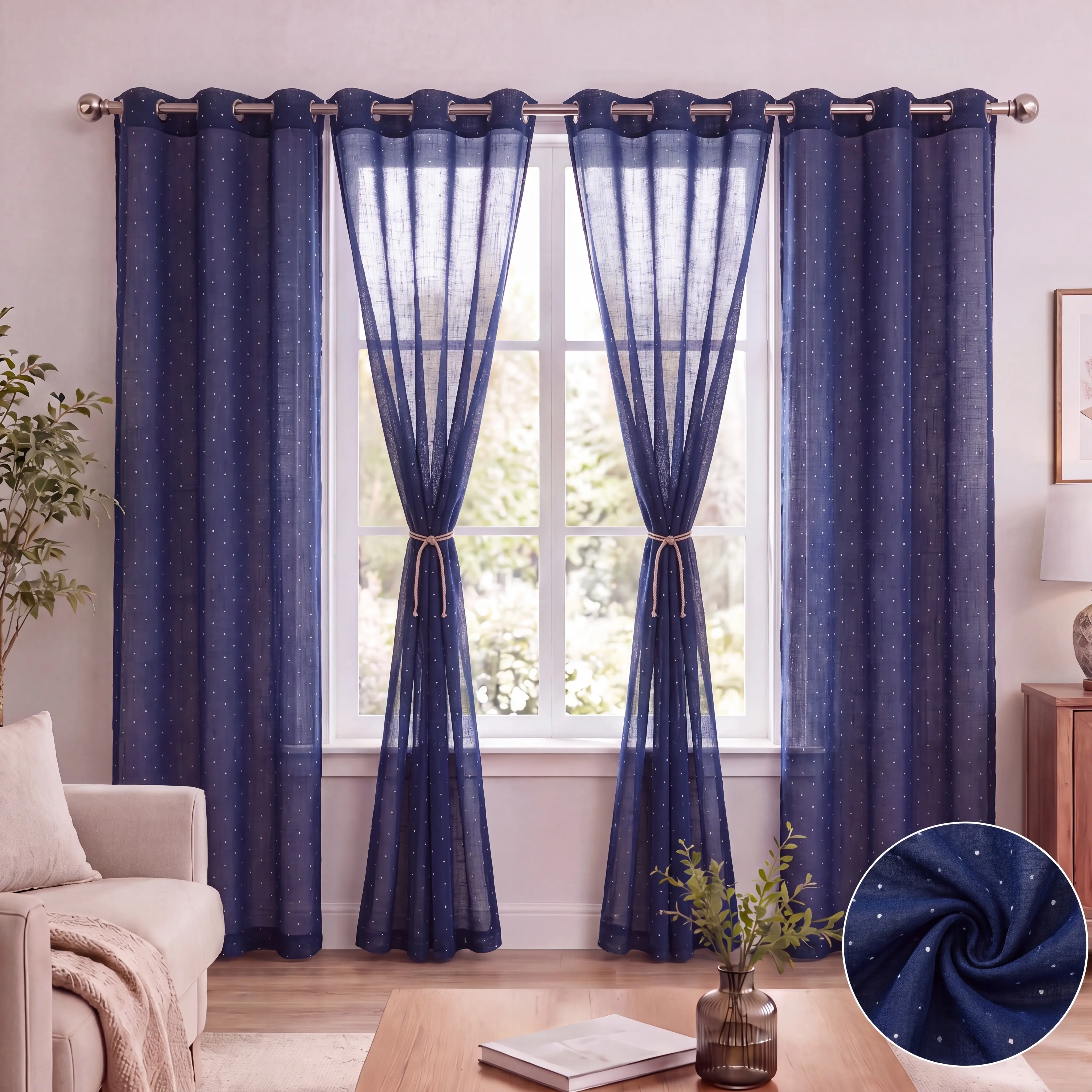 Home Decoration Curtain - 4-Piece Traditional Breathable Cross Linen Grommet-Top Drapes with Bead Embellishment, 34x84 in, Bedroom Household Textile Accessory FT2930