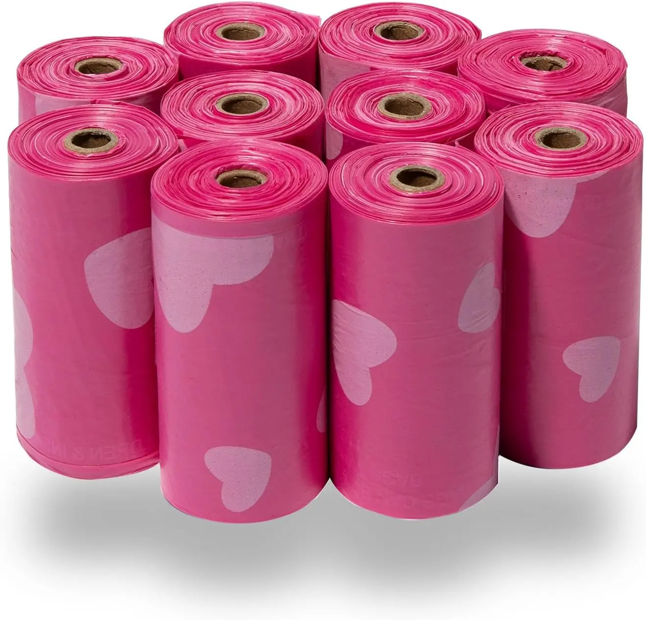 Leakproof Dog Poop Bags - Pink Heart Design, 150 Count, 15-Micron Thick, Scented, Easy-Tear Perforations, 15 Bags/Roll, Fits Standard Holders, for Outdoor Walking & Travel, All Dog Breeds