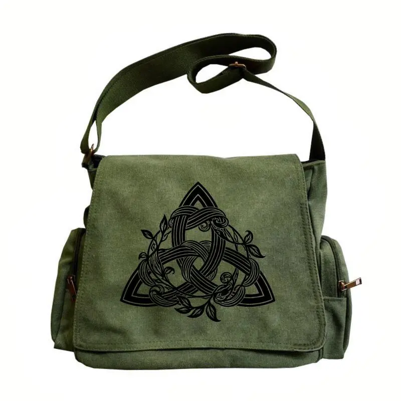 Women's Foldable Canvas Crossbody Messenger Handbag - Crossbody Bags, Large-Capacity Basic Casual, Celtic Triangle Knot & Woven Pattern, Adjustable Shoulder Strap, Retro Flip-Top Zipper Closure, Ideal for Commuting, Travel, Great Gift Choice, Handbag Cros