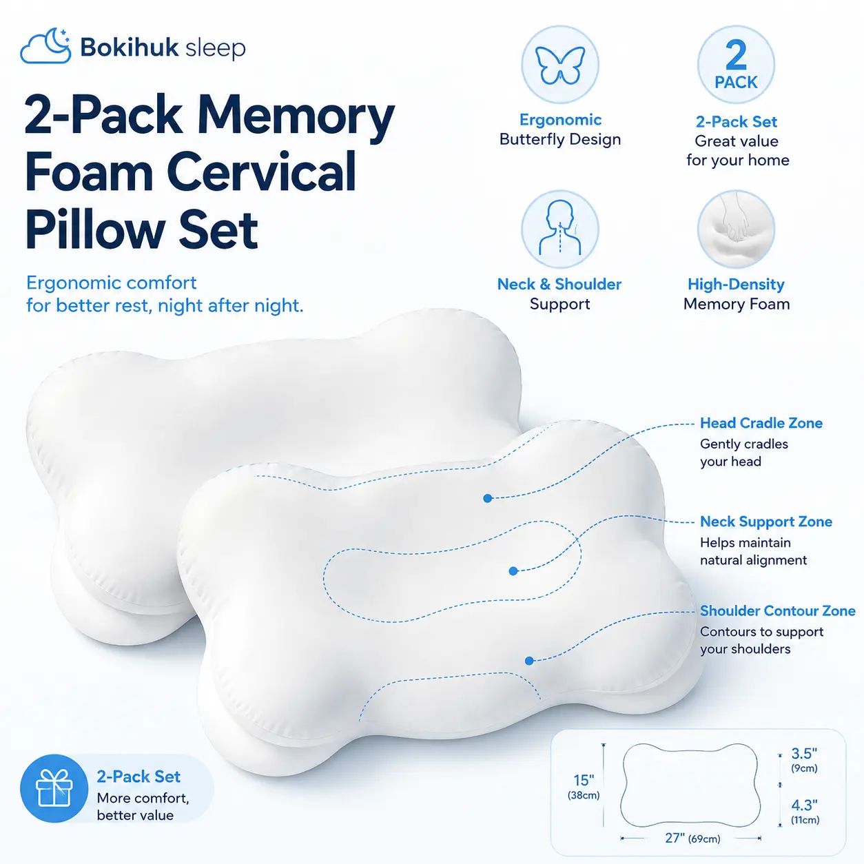 2-Pack Butterfly Contoured 3D Shaped High-Density Cloud Memory Foam Pillows, Ergonomic Multi-Zone Support Cervical Pillows for Good Posture, Home Bedroom Bedding (27"x15"), 3D Shaped Neck Pillows