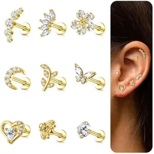 CASSIECA 9pcs 16G Cartilage Earrings Set Tragus, Helix, Conch, Labret, Cubic Zirconia - Butterfly, Moon  Gold Silver Color Piercing for Women Men Trendy Jewelry