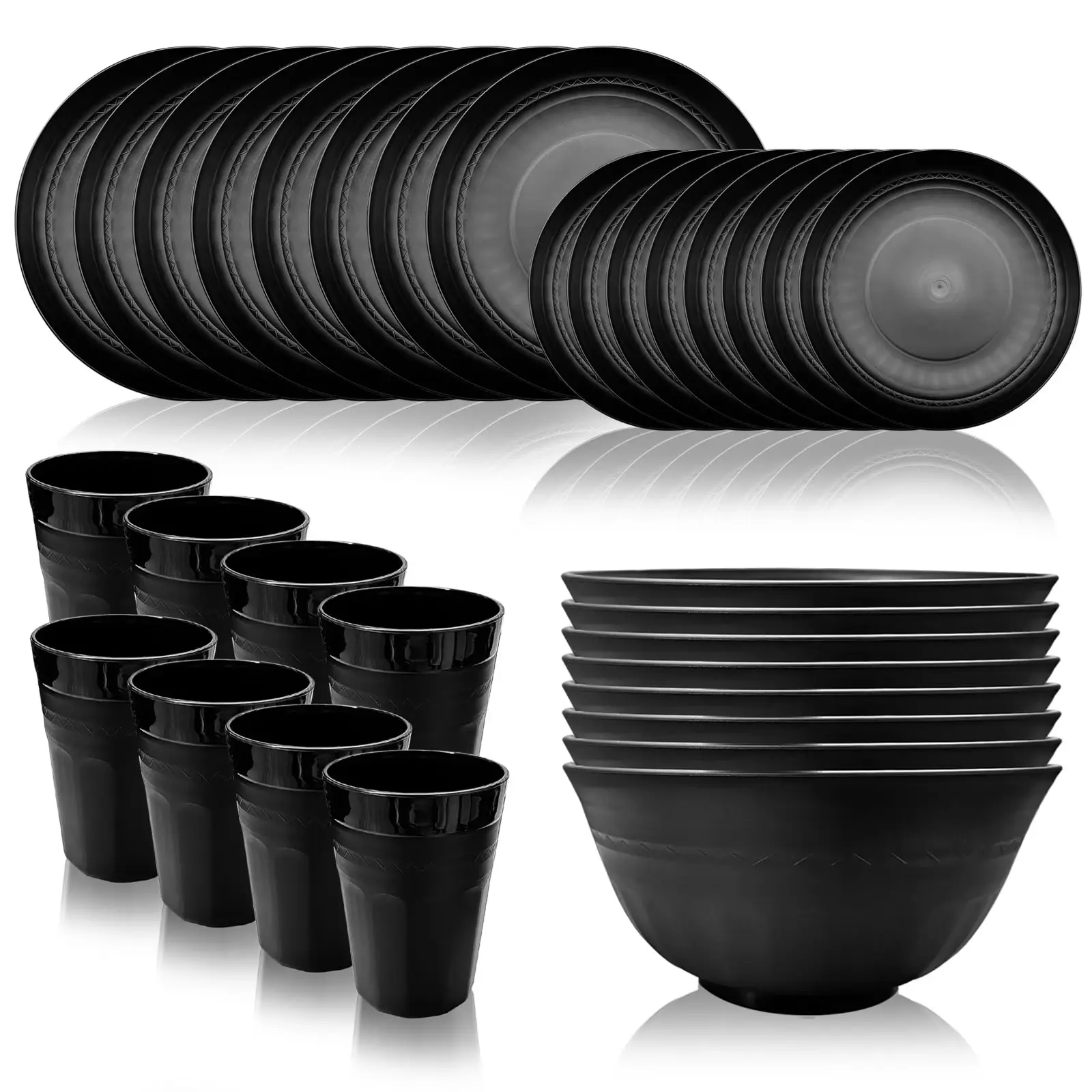 32 Piece Plastic Dinnerware Set for 8 Unbreakable Plates Bowls Cups Lightweight Reusable Dish Set Microwave Dishwasher Safe Black