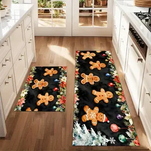 2Pcs Christmas And New Year Watercolor Printed Kitchen Floor Mat Gingerbread Man Poinsettia Flower Floor Mat Set Farmhouse Kitchen Carpet Restaurant Floor Laundry Room Decoration Carpet Mat Kitchen Area Rug