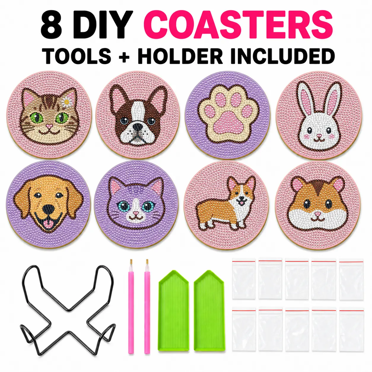 Ships Free Cute Pet Diamond Art Coasters Kit, 8 DIY Drink Coasters with Storage Holder and Tools, Cat Dog Bunny Craft Gift for Adults and Teens