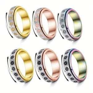 3pcs Anxiety Relief Spinner Rings, 316L Stainless Steel Flower Fidget Ring Set, Golden/Rose Golden/Rainbow