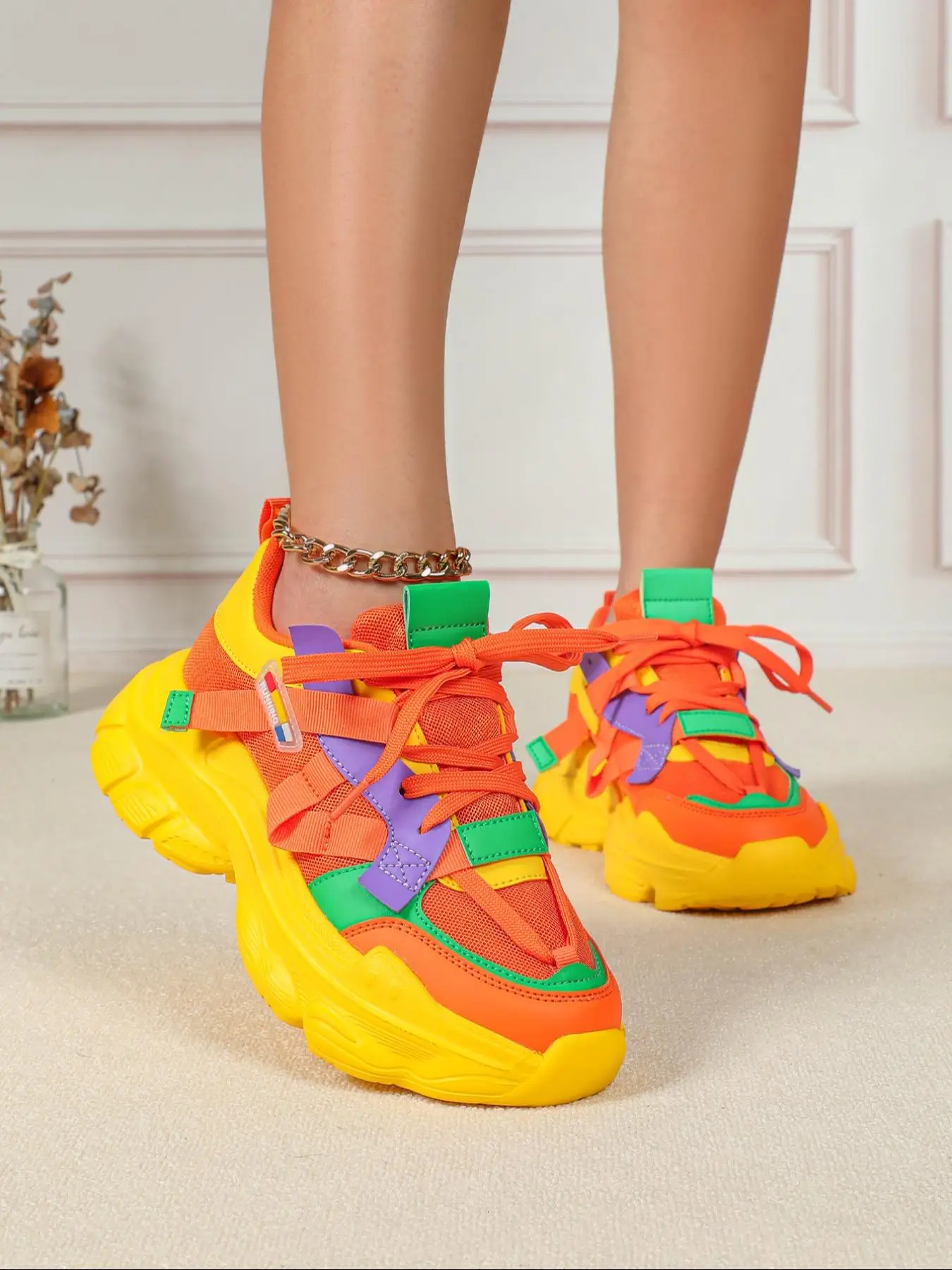 Fashionable Colorblock Lace Up Platform Trendy Walking Sneakers, Shoes for Summer, Jogger Shoes, Trainers for Women, Female All-match Round Toe Chunky