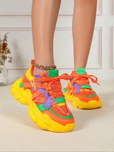 fashionable colorblock lace up platform sneakers, jogger shoes, trainers for women, casual comfortable breathable sports running shoes, female all-match round toe chunky athletic shoes for women