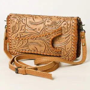American Darling Western Hand-Tooled Leather Clutch Bag with Floral Carving and Premium Genuine Leather