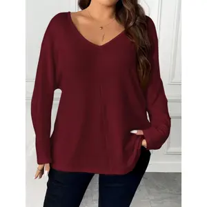 Plus Size Solid Textured T-Shirt, Casual loose fit V Neck Short Sleeve T-Shirt, Women's Plus Size Clothing