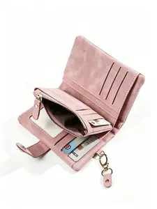 Tri-fold Short Women Wallets with Coin Zipper Pocket Minimalist Frosted Soft Leather Ladies Purses Female Pink Small Wallet New Wallet Women's Short Korean Pink Money Clips,Bank Credit Card Holders for Women,Casual,Portable
