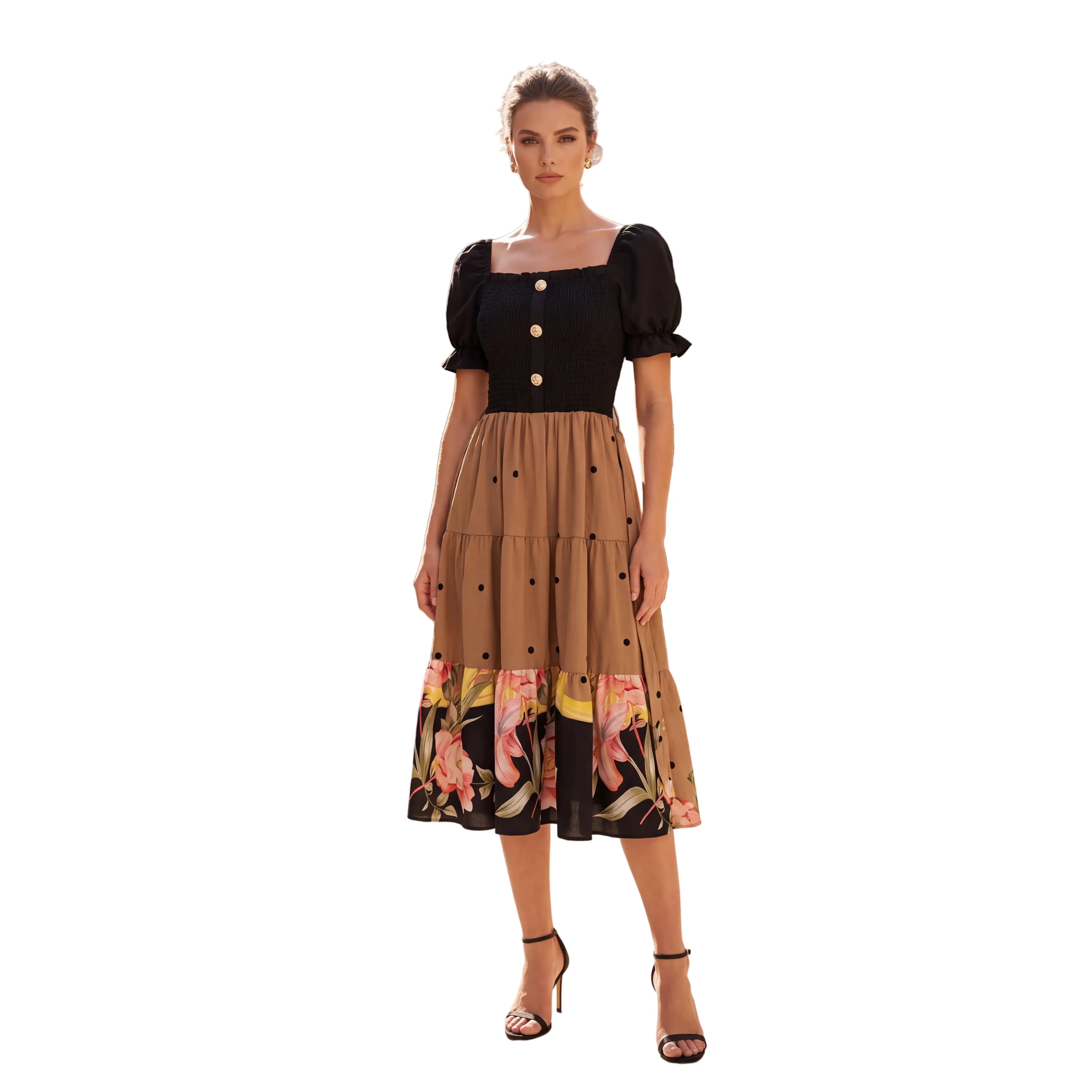Two-Tone Polka Dot & Floral Tea Dress