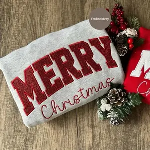 Merry Christmas Glitter Appliqué Embroidered Sweatshirt Family Youth Adult Toddler Gift Holiday Red Grey