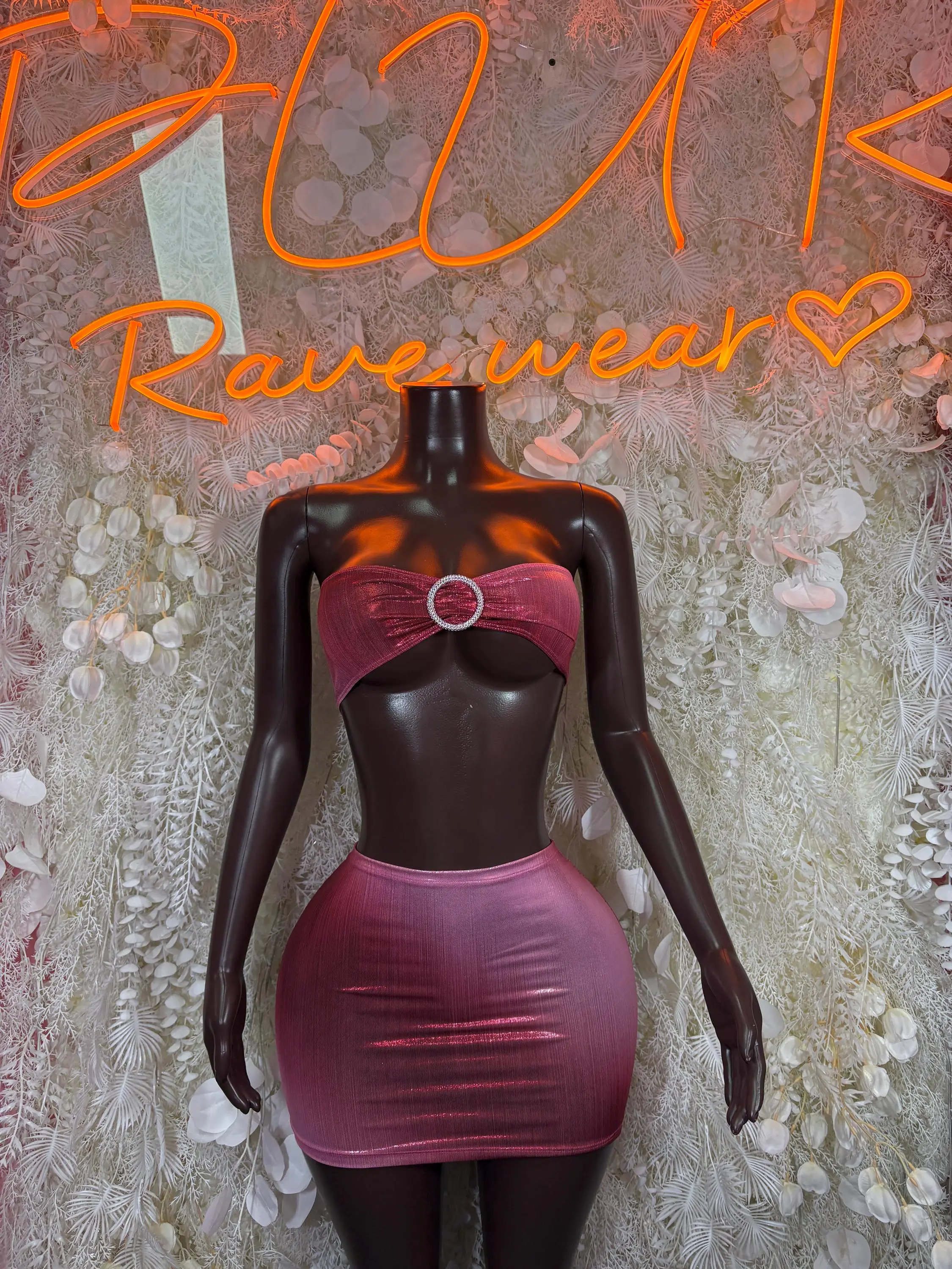 Pink Metallic Two Piece Skirt Set, Rhinestone O Ring Bandeau Top, Festival Rave Outfit