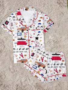 Women's Classic Printed Sleepwear Set, Two-Piece Comfortable, Short Sleeve Button-Up Top & Elastic Shorts, Casual Home Wear